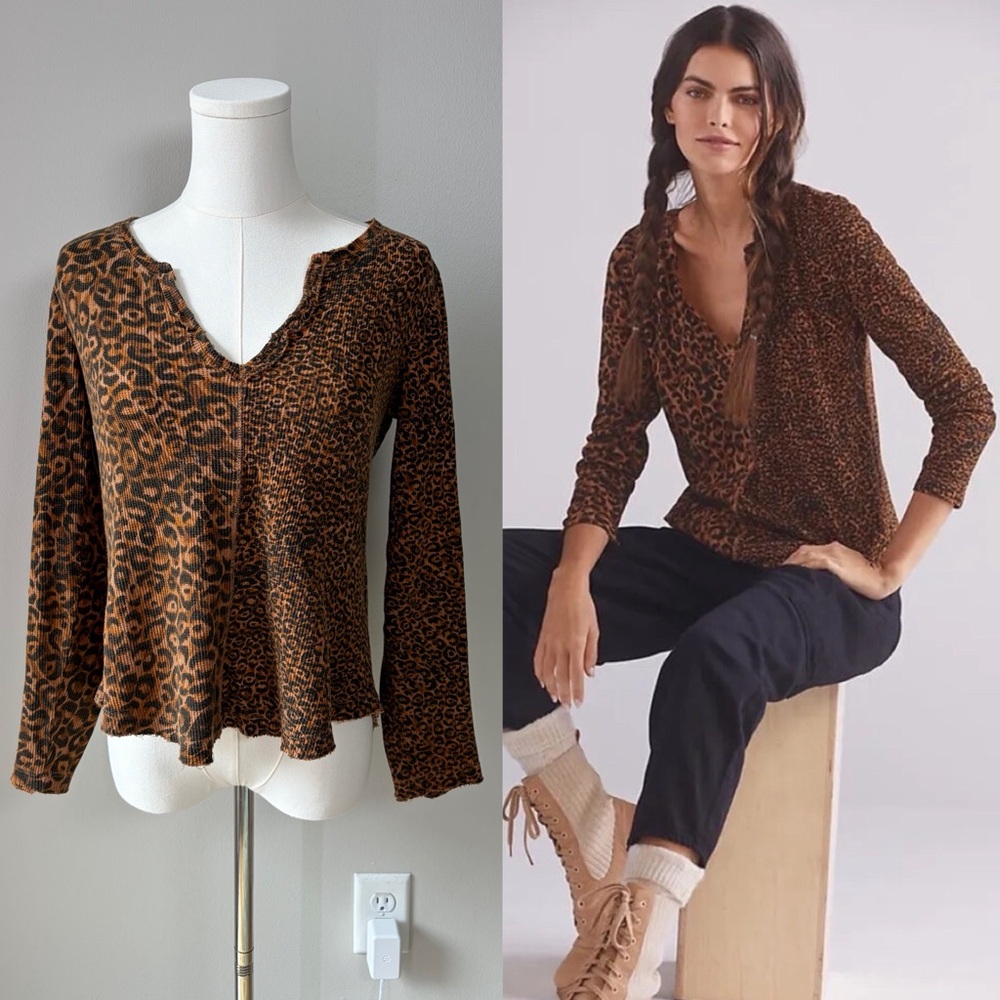 Pilcro Split Neck Leopard Print Top - image 1